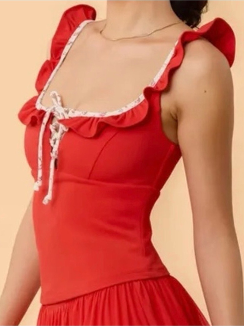 NWT XS Blogilates Ruffle Lace Up Tank Red Floral Trim Activewear Workout Active
